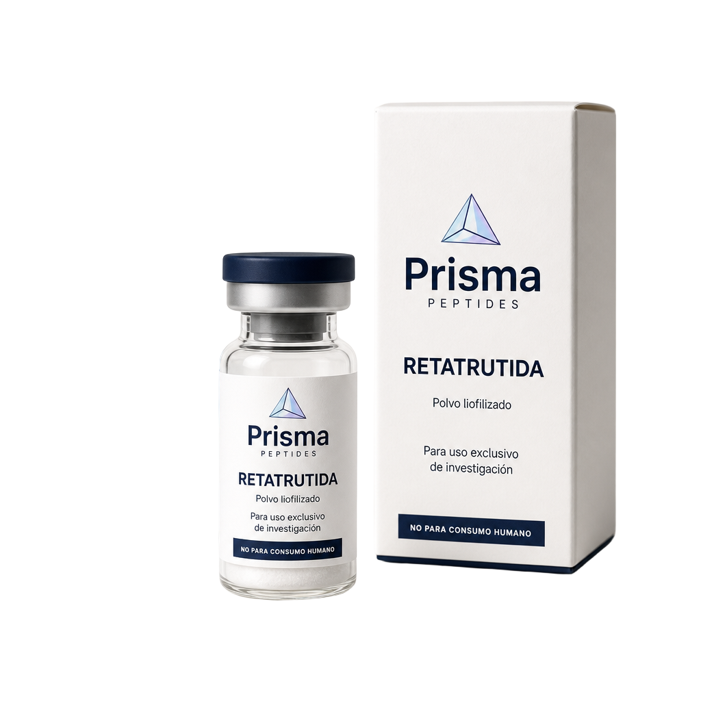 Vial y caja Prisma Peptides — ejemplo visual de presentación